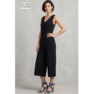 Eileen Fisher Black Viscose Jersey Wide Leg Jumpsuit S P Sleeveless Minimalist
